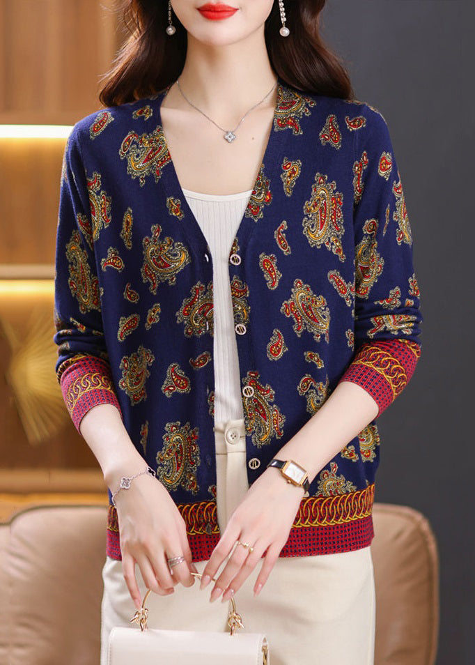 Women Navy Button Print Cozy Knit Cardigan Spring TB008