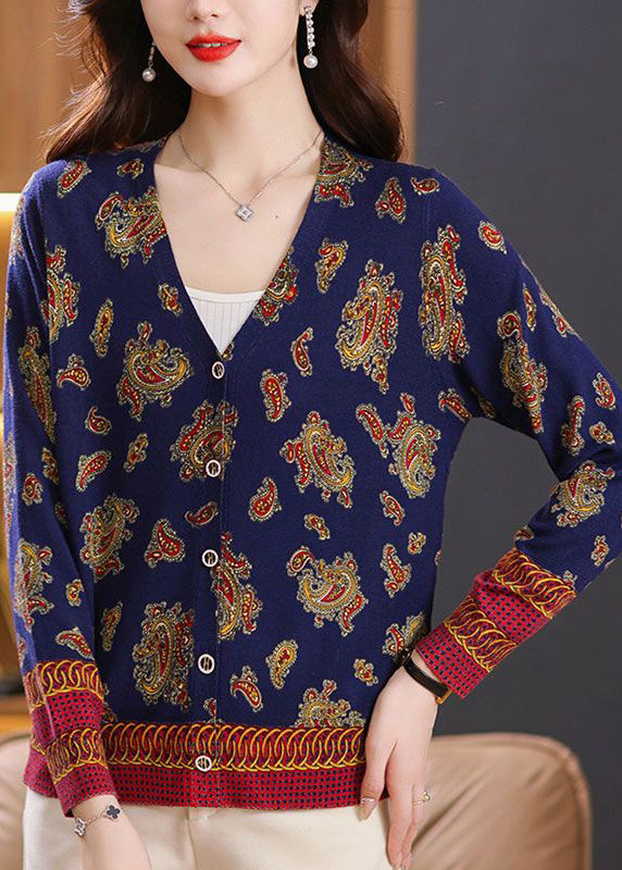 Women Navy Button Print Cozy Knit Cardigan Spring TB008