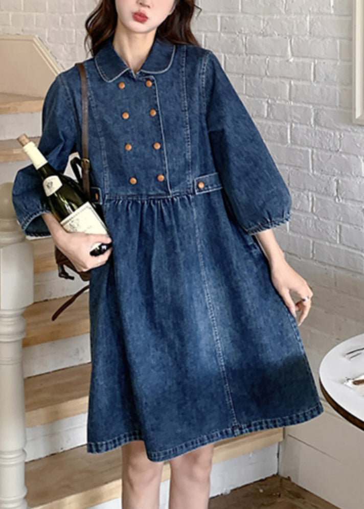 Women Navy Peter Pan Collar Wrinkled Patchwork Denim Long A Line Dress Spring RP013