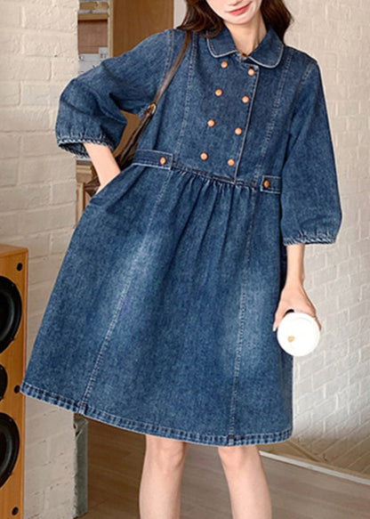 Women Navy Peter Pan Collar Wrinkled Patchwork Denim Long A Line Dress Spring RP013