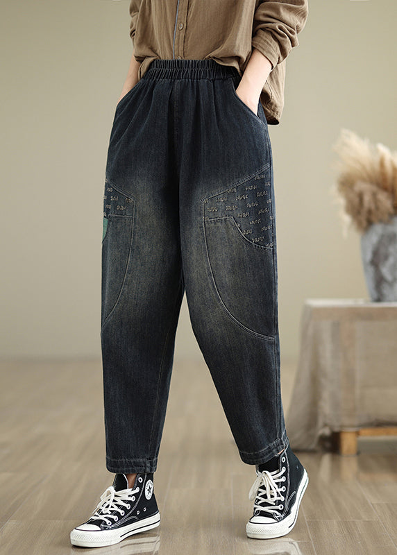 Women Navy Pockets Elastic Waist Denim Pants Fall QO053