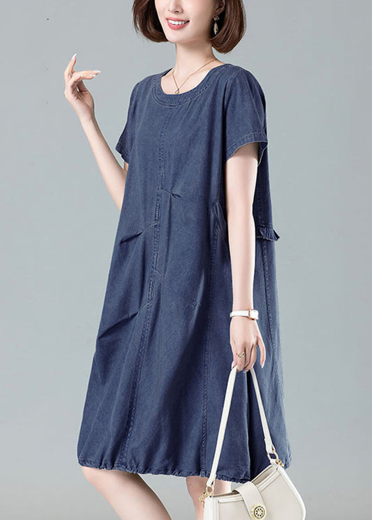 Women Navy Ruffled Drawstring Denim Dresses Summer MN065