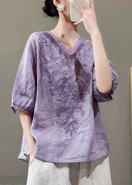 Women Nwe Purple V Neck Embroidered Linen Top Summer QK019