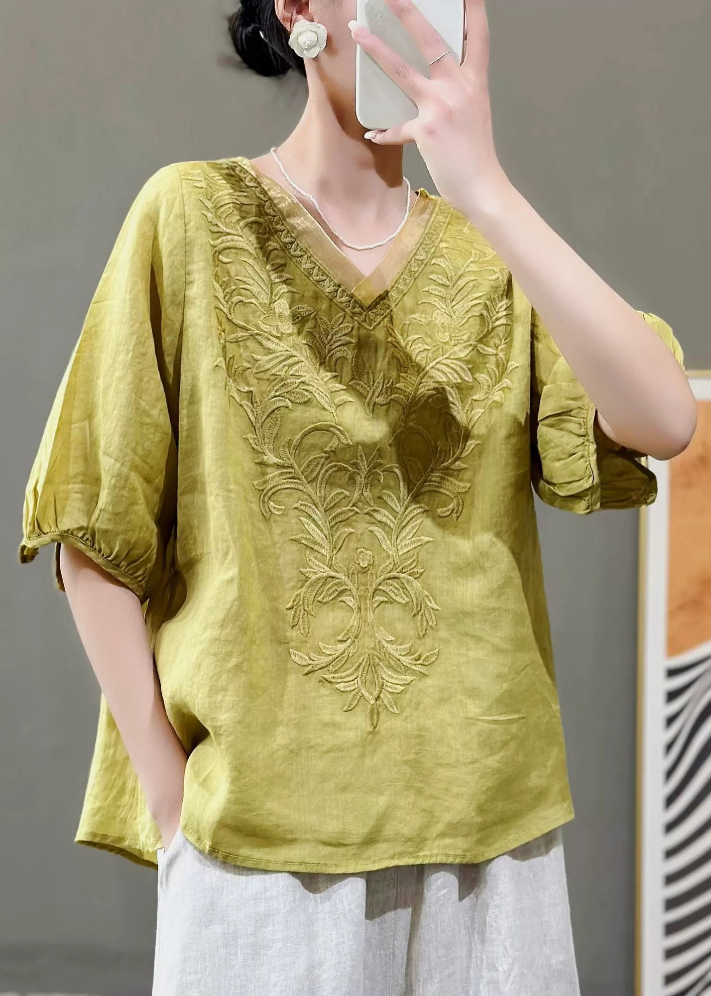 Women Nwe Purple V Neck Embroidered Linen Top Summer QK019