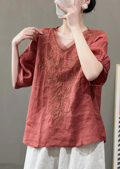 Women Nwe Purple V Neck Embroidered Linen Top Summer QK019