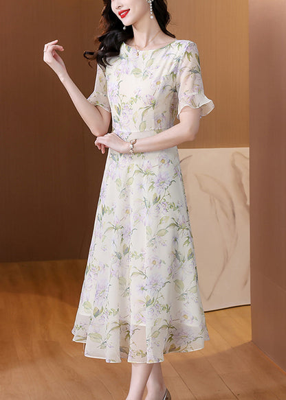 Women O Neck Print Chiffon Long Dress Summer BB015