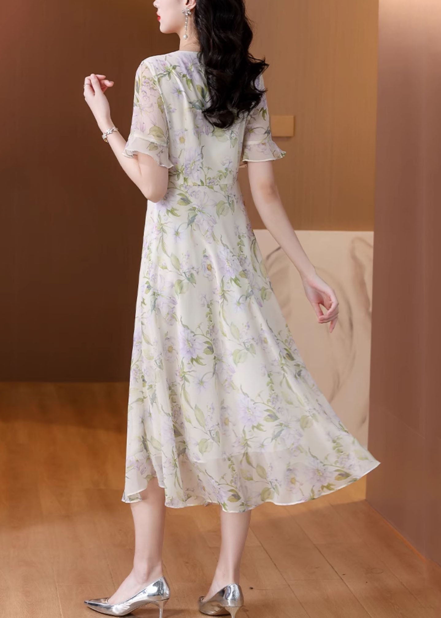 Women O Neck Print Chiffon Long Dress Summer BB015