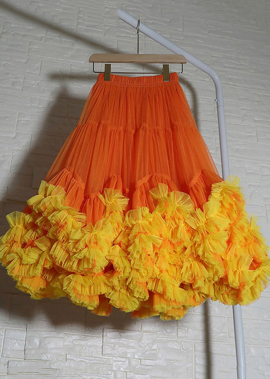 Women Orange Ruffled Patchwork Tulle Skirts Summer YU025