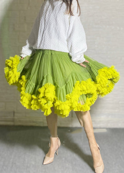 Women Orange Ruffled Patchwork Tulle Skirts Summer YU025