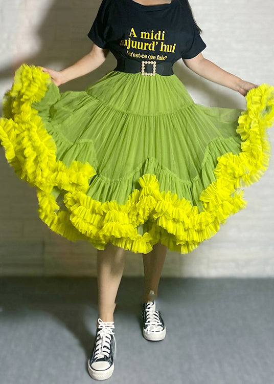 Women Orange Ruffled Patchwork Tulle Skirts Summer YU025