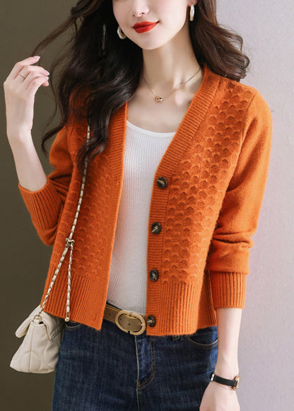 Women Orange V Neck Button Wool Knit Cardigan Winter ER021