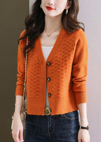 Women Orange V Neck Button Wool Knit Cardigan Winter ER021