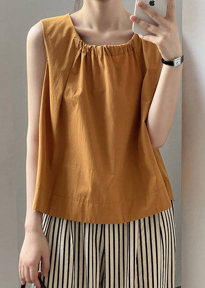 Women Orange Wrinkled Solid Cotton Top Sleeveless QE034