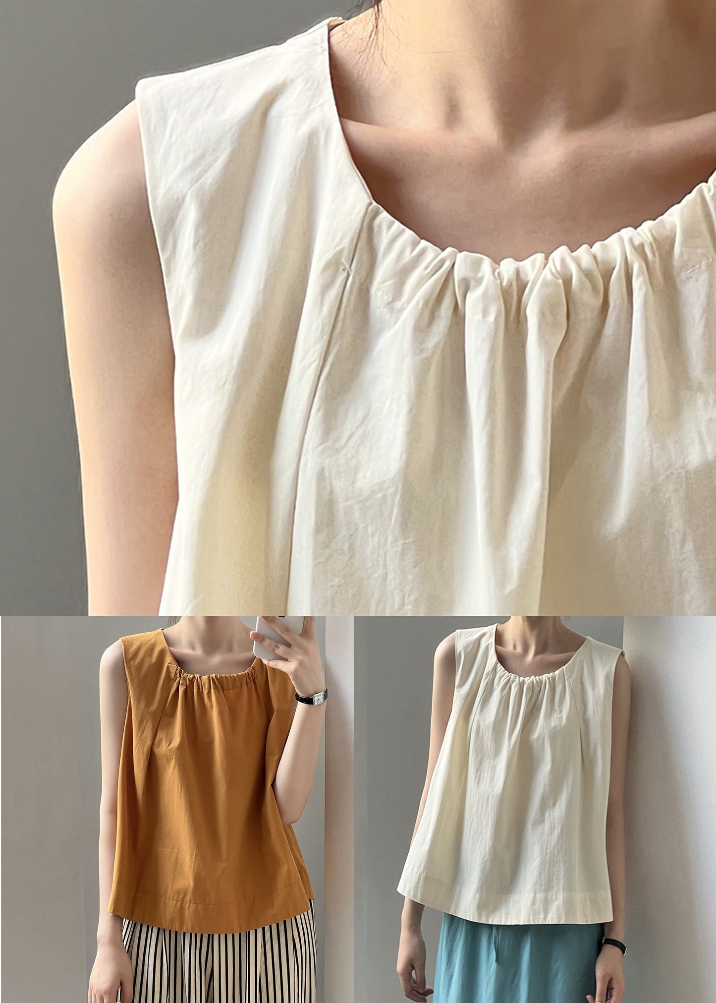 Women Orange Wrinkled Solid Cotton Top Sleeveless QE034