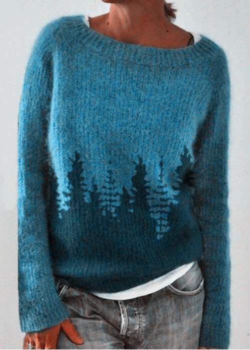 Pull en tricot confortable à col rond bleu paon pour femme Automne QA012