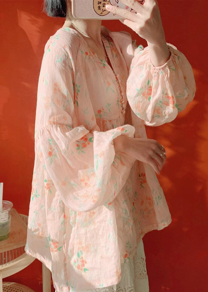 Women Pink Button Print Cotton Blouse Lantern Sleeve KJ019