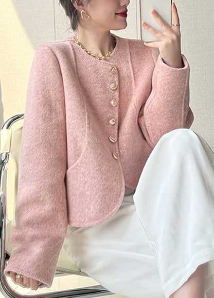 Women Pink O Neck Button Woolen Short Coat Spring TQ018