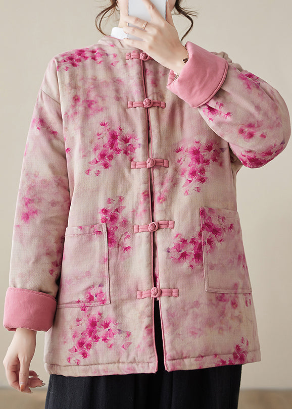 Women Pink Print Button Pockets Cotton Filled Parkas Winter QG024