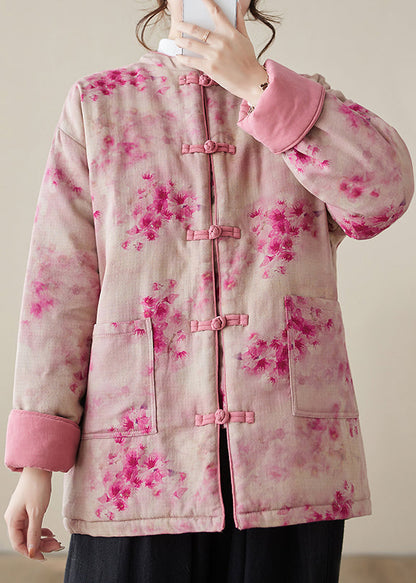 Damen Parkas mit Knopfleiste und Druck in Rosa, mit Baumwollfüllung, Winter QG024