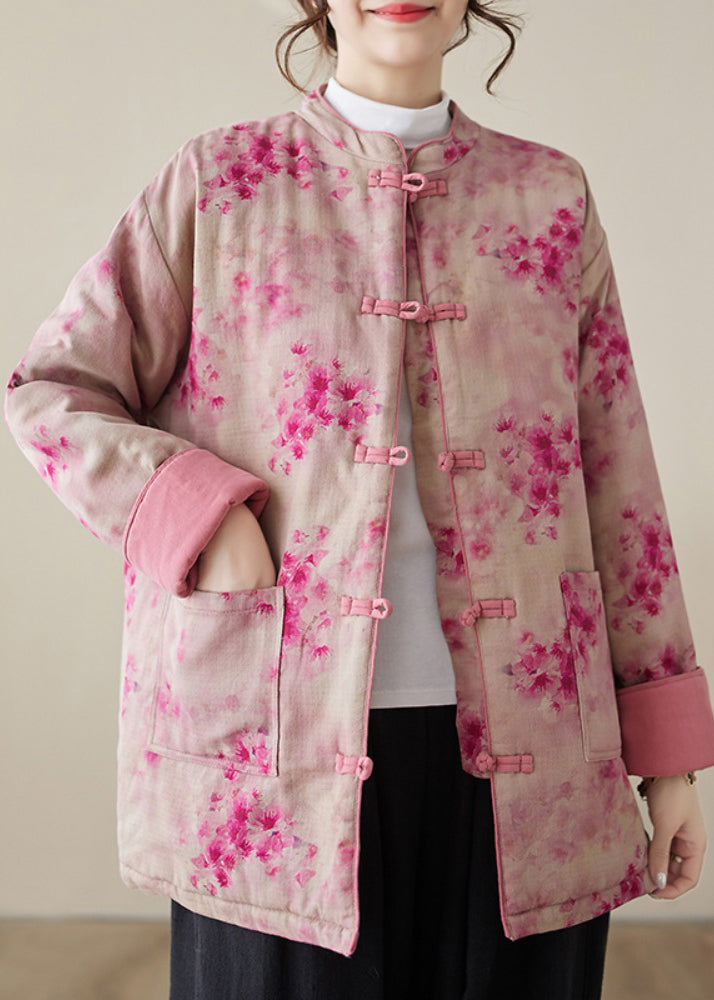 Damen Parkas mit Knopfleiste und Druck in Rosa, mit Baumwollfüllung, Winter QG024