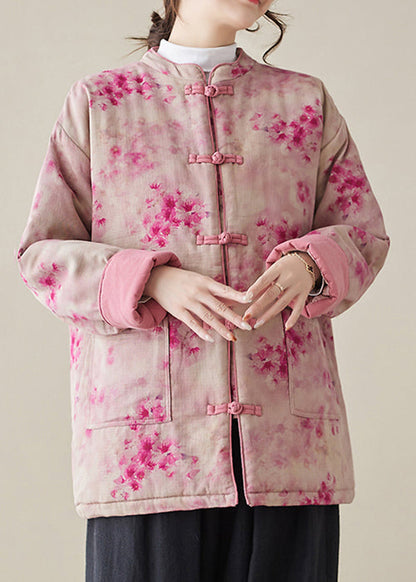 Damen Parkas mit Knopfleiste und Druck in Rosa, mit Baumwollfüllung, Winter QG024