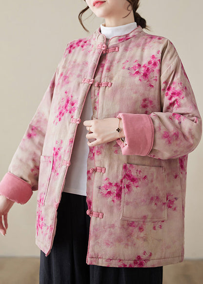 Damen Parkas mit Knopfleiste und Druck in Rosa, mit Baumwollfüllung, Winter QG024