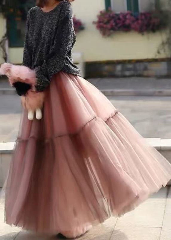 Women Pink Ruffled Tulle Cinched Circle Fall Skirt AM1001