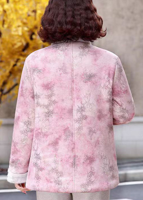 Women Pink Stand Collar Print Patchwork Warm Fleece Parkas Winter RZ037