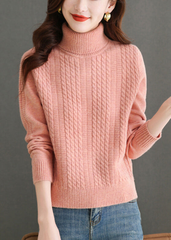 Pull en tricot uni à col roulé rose pour femme Hiver WL010