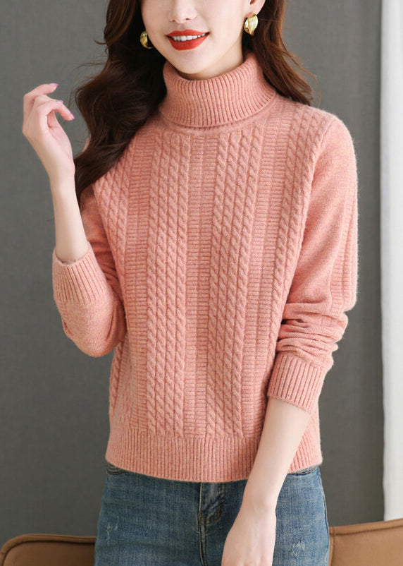 Pull en tricot uni à col roulé rose pour femme Hiver WL010