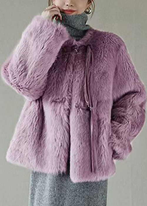 Women Purple Button Solid Mink Hair Coat Winter RH018