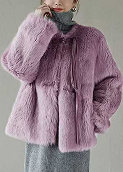 Women Purple Button Solid Mink Hair Coat Winter RH018