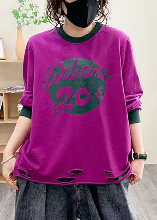 Women Purple Hole Print Cotton Tops Long Sleeve AU1038