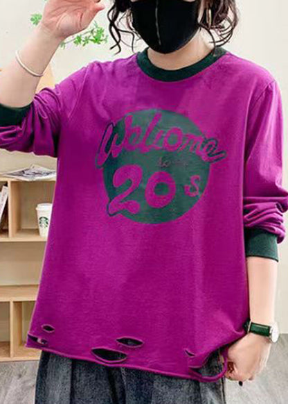 Women Purple Hole Print Cotton Tops Long Sleeve AU1038