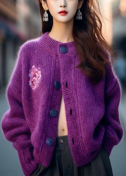 Cardigan en tricot confortable à col rond et boutons pour femme, violet, hiver, WK030