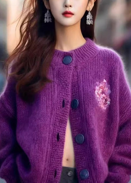 Cardigan en tricot confortable à col rond et boutons pour femme, violet, hiver, WK030