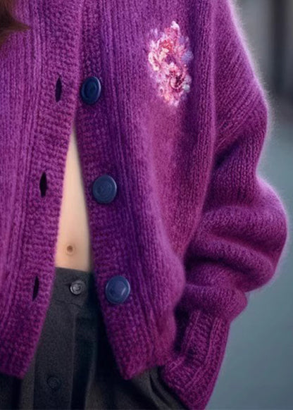 Cardigan en tricot confortable à col rond et boutons pour femme, violet, hiver, WK030