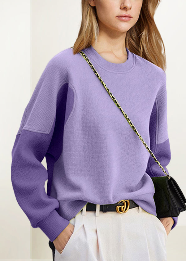 Sweat-shirt en coton patchwork violet à col rond pour femme Automne WK018