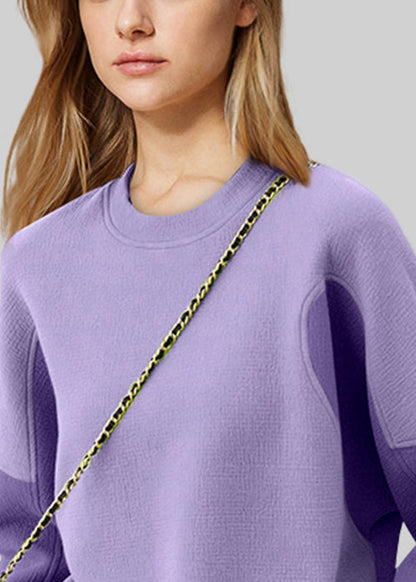 Sweat-shirt en coton patchwork violet à col rond pour femme Automne WK018