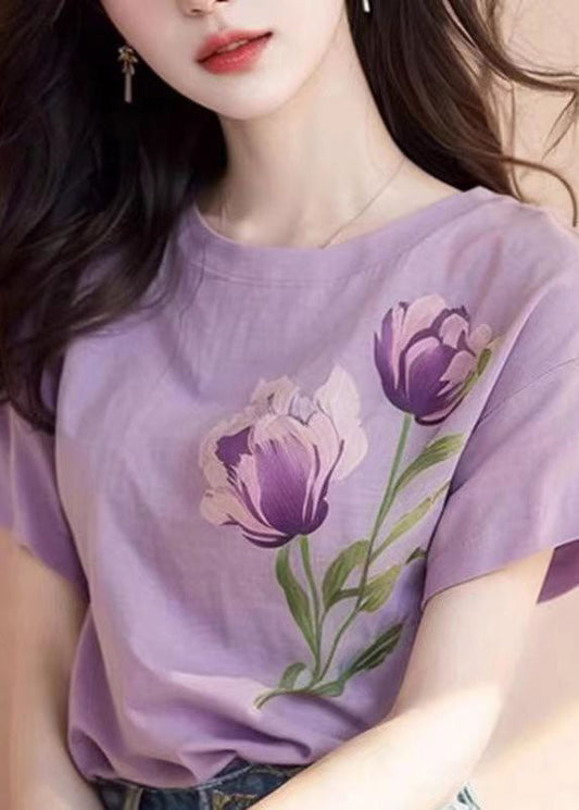 Women Purple O Neck Print Cotton T Shirt Short Sleeve KJ001