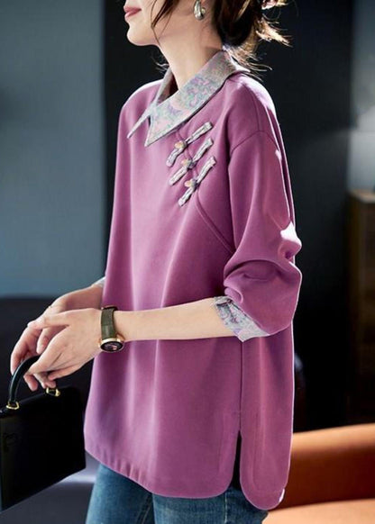 Women Purple Peter Pan Collar Patchwork Cotton Sweatshirts Spring RL047