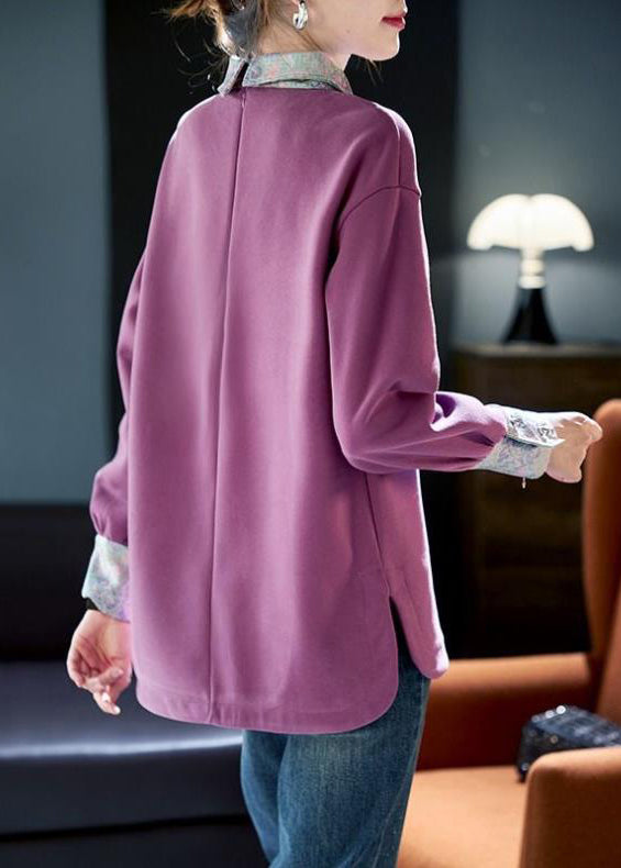 Women Purple Peter Pan Collar Patchwork Cotton Sweatshirts Spring RL047