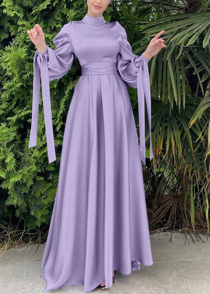 Robe de vacances en soie violette froissée pour femme, coupe ajustée, automne QL043