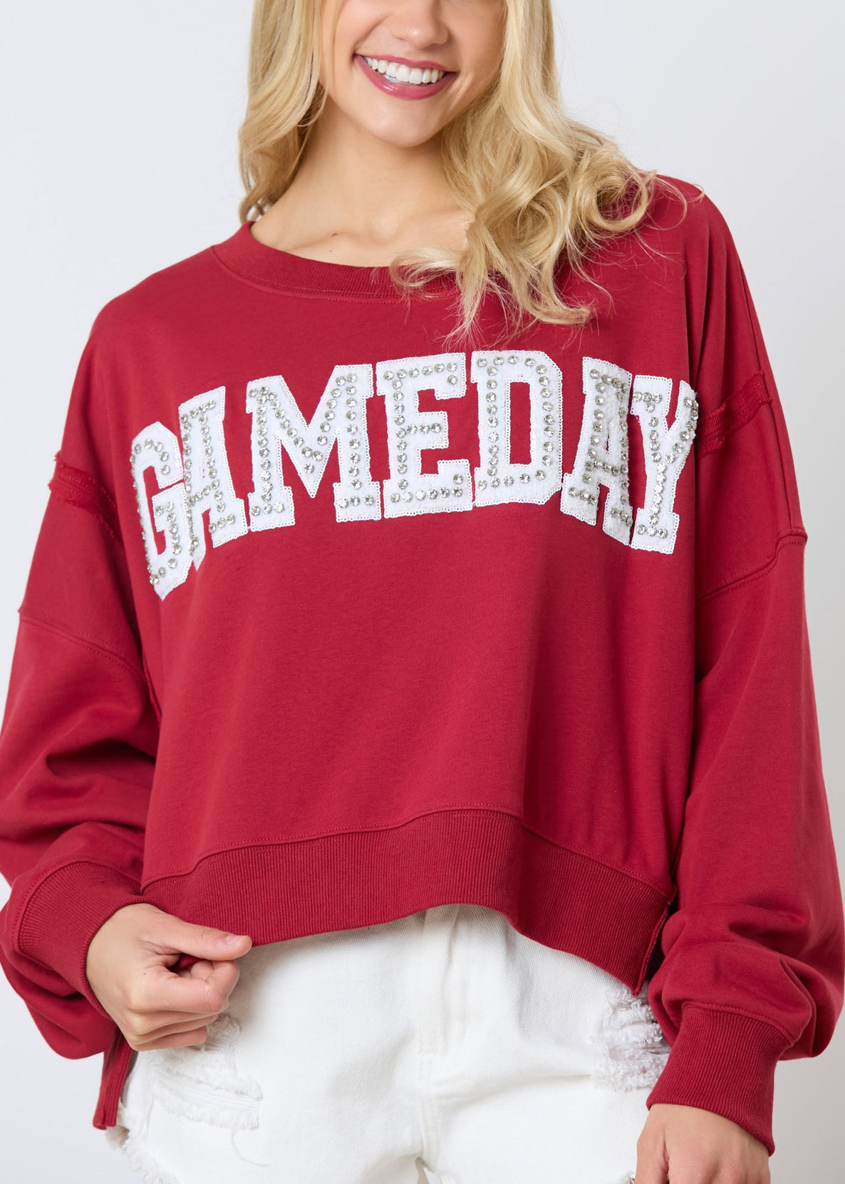 Sweat-shirt en coton à manches longues avec lettres rouges et zircon pour femme AE1001