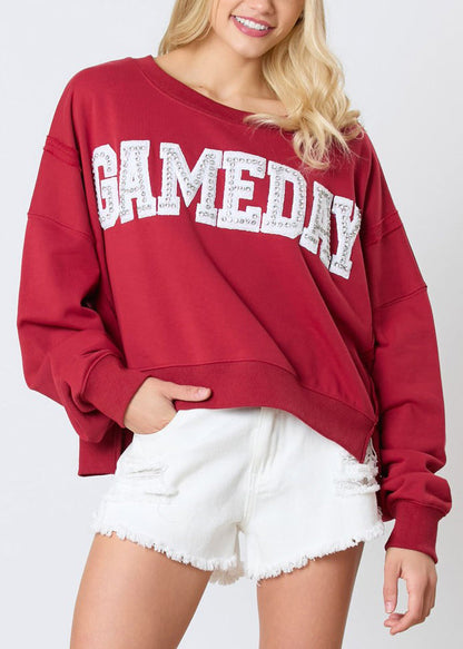 Damen Sweatshirt mit Buchstaben und Zirkonia in Rot, langärmelig, AE1001