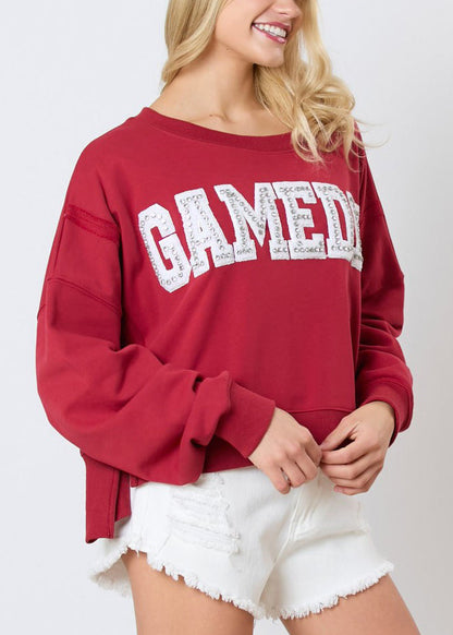 Damen Sweatshirt mit Buchstaben und Zirkonia in Rot, langärmelig, AE1001