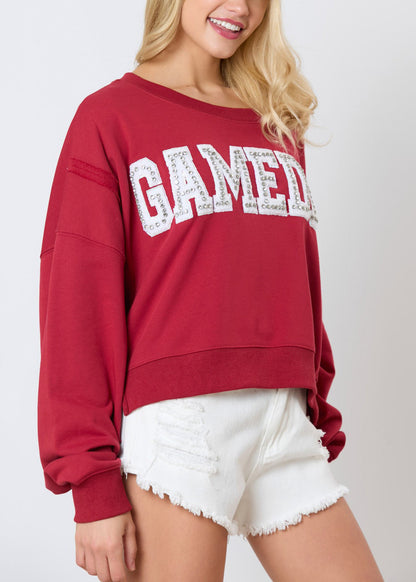 Damen Sweatshirt mit Buchstaben und Zirkonia in Rot, langärmelig, AE1001