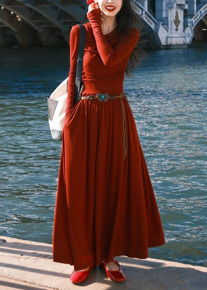 Women Red O-Neck Pockets Cotton Long Dress Spring YT032