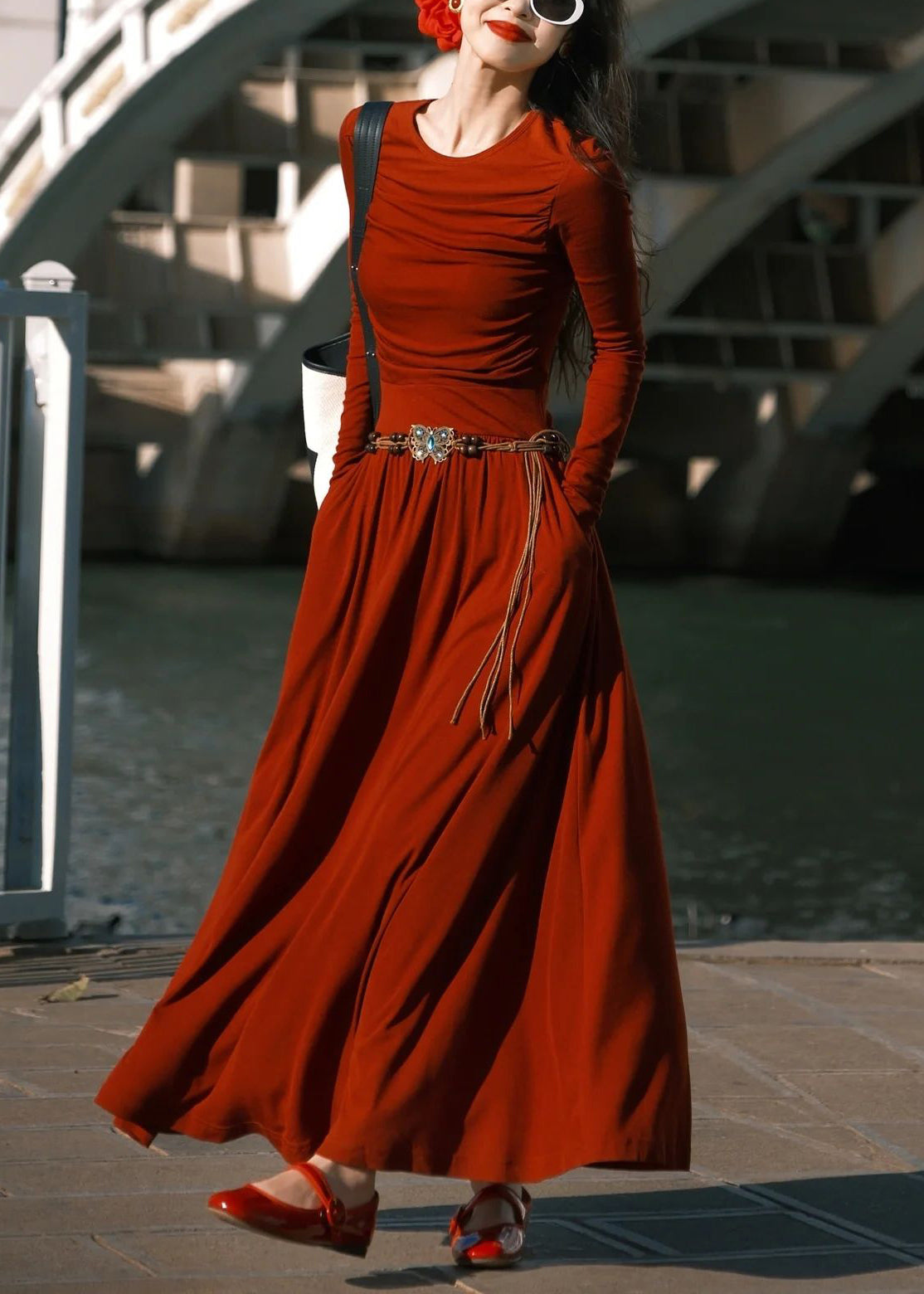 Women Red O-Neck Pockets Cotton Long Dress Spring YT032