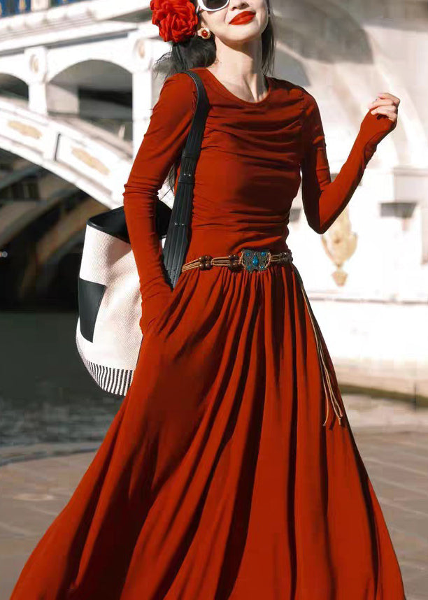 Women Red O-Neck Pockets Cotton Long Dress Spring YT032